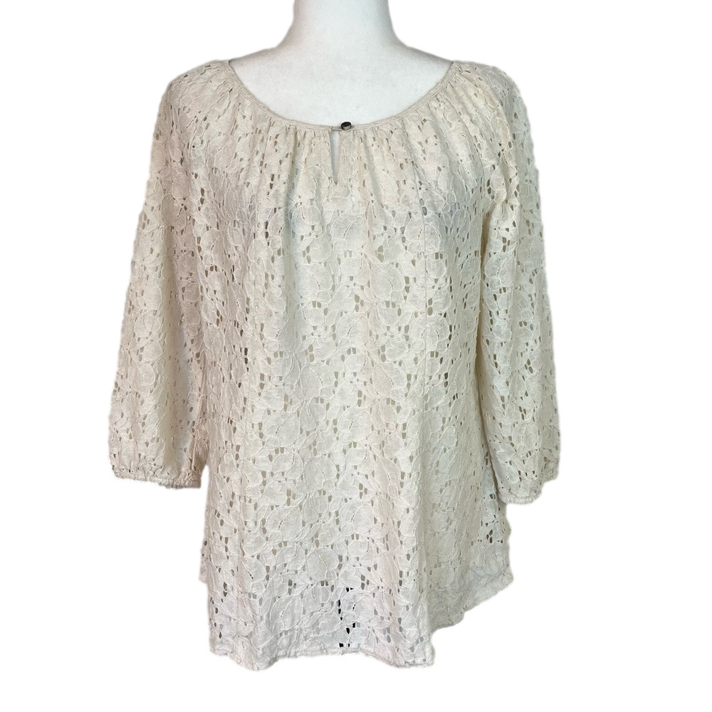 G.H. Bass & Co. Women's M Ivory Cream Lace Raglan 3/4 Sleeve Blouse Top Office